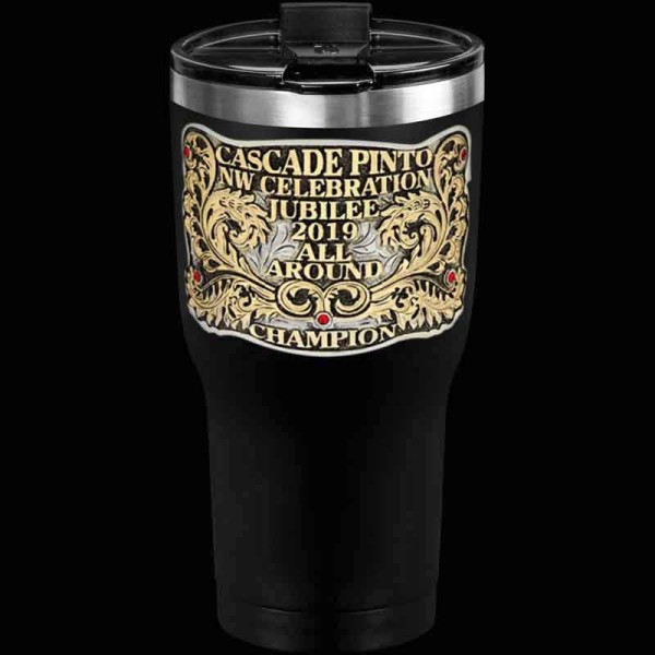Express your style with the Beetal Custom Trophy Thermal Cup. Customize it with your favorite figure, ranch brand, or logo, featuring unique organic bronze scrollwork and lettering.